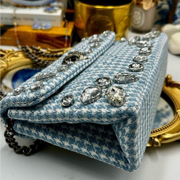 🆕 KURT GEIGER LONDON 🧿 NWOT Blue & White Houndstooth Kensington Bag, Crystals - Picture 8 of 16